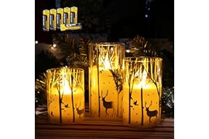 ‎RHYTSING Rhytsing Srebrne świece LED z motywem renifera, na baterie, z timerem 6H, świąteczne bezpłomieniowe świece z ciepłym białym światłem, baterie w zestawie, zestaw 3 szt