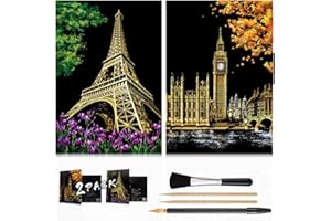 ARTSPER Scratch & Engraving Arts Paper(16" x 11.2") for Kids & Adults, Rainbow Sketch Painting Landscape Scratchboard, Craft Kits: 2 Pack with 4 Tools - Drawing Pens, Brush(Big Ben/Eiffel Tower)