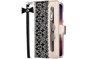 Uposao Kompatibel mit Samsung Galaxy J7 2016 Hülle Leder Handyhülle Blumen Muster mit Reißverschluss Kartenfächer Handschlaufe Schutzhülle Flip Case Klapphülle Handytasche Etui,Schwarz