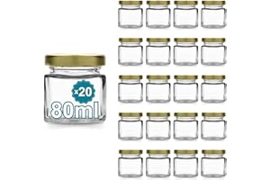 Espirito Rebelde 20 Pots en Verre Carrés pour Épices 80ml avec Couvercle Doré | Bocaux Rangement Cuisine | Épices, Confiture, Yaourt