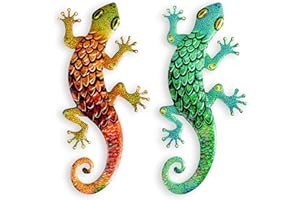 AOFOX 2 piezas de metal gecko decoración de pared lagarto jardín arte escultura colgante de color para interior exterior patio valla (amarillo y verde)