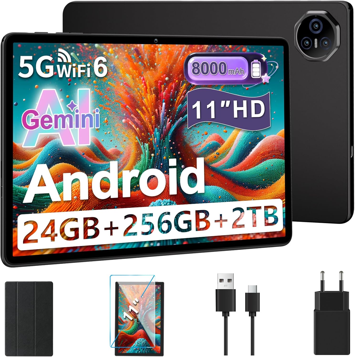 Tablet 11 pulgadas, Tableta Android, 24 GB RAM+256 GB ROM (2 TB TF), FHD IPS, Octa-Core, UFS 2.2 Flash, 8000 mAh, 5 MP + 13 MP, WiFi dual, BT 5.0, Widevine L1, Face ID, con Carcasa Metálica-Gris