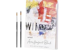 int!rend Papel Acuarela A4 y Acrílico - Cuaderno Acuarela y Pintura Acrílica de 25 hojas 400 g - Cuaderno Acuarelas con 2 Pinceles - Block Acrilico Blanco