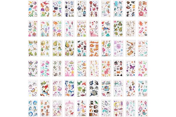 ACWOO Tatouage Temporaire Enfant, 60 Feuilles Etanche Tatouage Ephémère Kit Tatoo, Sirène, Fée des fleurs, espace, Papillon, requin, animal, dinosaure, pirate, Cadea Décoration De Fête Garçon Fille