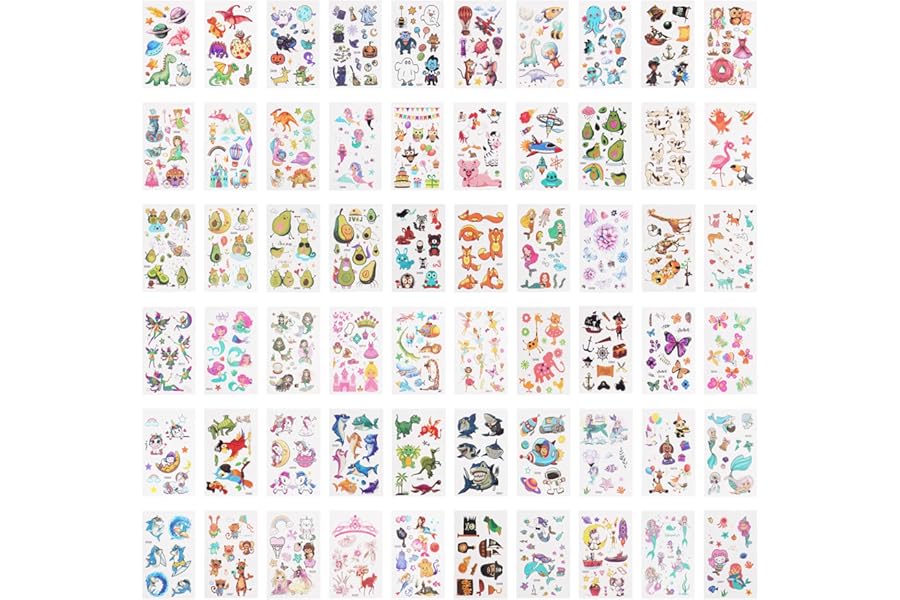 ACWOO Temporary Tattoo for Kids, 60 Sheets Mermaid Animal Dinosaur Cartoon Tattoo Stickers, Waterproof Cartoon Fake Tattoo Stickers Set for Boys Girls Birthday Gift Party Bag Filler