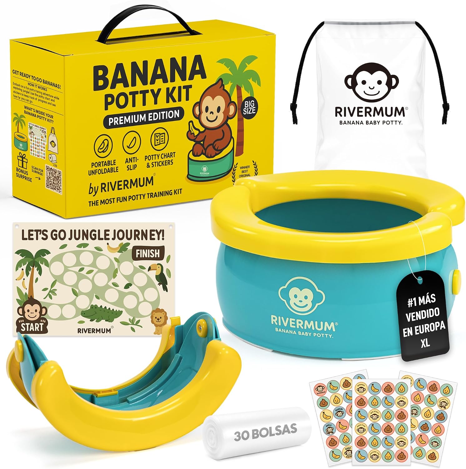 RIVERMUM® Kit Orinal Portatil Niños Plegable Banana XL, Orinal Infantil Pórtatil para viajes o casa, WC Inodoro portatil Niños, Potty Training, Incluye Bolsas, Pegatinas y Cacalendario (VERDE)