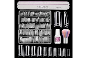 Tips für Gelnägel Französisch, Venares 500 Stücke Nagel Tips Set mit Kleber, 10 Größen Nageltips mit Kleber Nägel Feilen Nagelbürste, Halb Nail Tips Set, Nageltips für Gelnägel mit kleber Durchsichtig