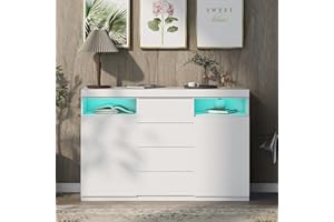 Merax Aparador con luz LED, cómoda, armario de cocina, armario multiusos con 2 puertas y 4 cajones, para cocina, comedor, salón, blanco, 139 x 92,5 x 36,5 cm