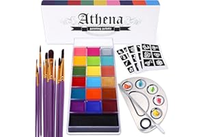 UCANBE Athena Face Body Paint Oil Makeup Set, 20 Colors FX Halloween Party Painting with Stainless Steel Mixing Palette and Spatula Tool,10 pcs Artist Paintbrushes,Tattoo Stencil Arts Crafts kit
