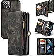 caseme Leather Flip Wallet Case for iPhone 13,Detachable Back Magnetic Closure 2-in-1 Shockproof Zipper Purse Cover with Card Slots (13, Black)