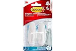 Command Ganchos de Diseño para Baño, Blanco - 2 Ganchos y 4 Tiras Medianas Resistente al Agua - Sin Agujeros - Hasta 1,3 kg