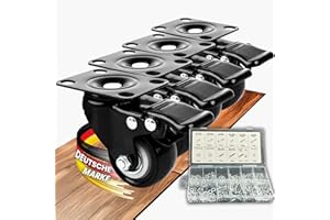 LOZEA 4er-Set Schwerlastrollen mit Bremse in 50mm, 400Kg Tragkraft & leichtgängigen Rollen für müheloses Verschieben schwerer Lasten wie Strandkorb, Werkbank & mehr inkl. 347 tlg. Schraubenset