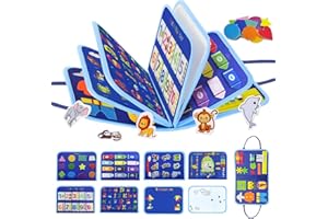 Bdwing Juguetes Montessori de 3 Años – Juguete Educativo de Fieltro con Letras, Números, Colores, Formas y Reloj – Busy Board y Libro Montessoripara Viaje Coche Avión – Azul