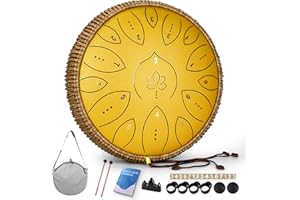 LIDGUNI Zungentrommel 13 Zoll 15 Töne, Hand Pan Drums für Erwachsene 432hz, C-Dur Handpan Musikinstrument mit Liederbuch, Schlägeln und Tragetasche, Gelb