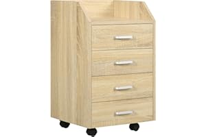 Vinsetto Cassettiera da Ufficio con 4 Cassetti Salvaspazio, Mobile per Ufficio con Rotelle e Bordi Rialzati, per Documenti e Cancelleria, 40x36x65cm, Legno Naturale