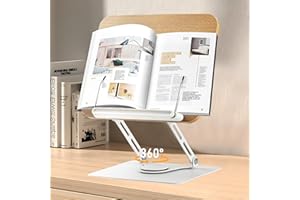 Joyoldelf Atril Para Libros Madera - Atril Estudio Soporte Libros, Atril Para Estudiar con Base Giratoria de 360°, Apoya Atril Lectura Para Leer, Book Holder Reposa Libros Atril De Mesa - Blanca