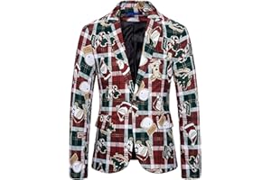 ZEZKT Chaqueta Azul de Traje Hombre Estampado Navideño Delgado de un Solo Pecho Navidad Chaqueta de Traje para Hombre,Material de Lana de Algodón, Moda Casual