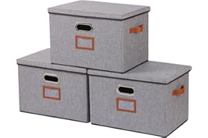 OUTBROS Lot de 3 Paniers de Rangement, Caisses en Tissu Lavable, Boîte Pliables avec Couvercle et Poignées, pour Vêtement, Magazine pour Maison (Gris, 45 x 30 x 30 cm)