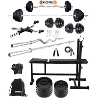 Kore PVC 20 Kg Home Gym Set with One 3 Ft Curl + One 5 Ft Plain Rod and One Pair Dumbbell Rods Comes with 3 in 1 Bench and Gym Accessories