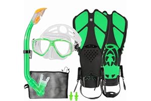 HH HHAO SPORT Set da Snorkeling per Bambini con Pinne, Vista Panoramica a 180° Occhialini Antiappannamento, Pinne da Nuoto Regolabili, Snorkel, Borsa in Rete ad Asciugatura Rapida