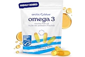 Arctic Blue Oméga-3 Huile de Poisson 60 Capsules — 550mg de DHA + 275mg d’EPA + 10µg de Vitamine D3 par Capsule — Huile de Colin d’Alaska MSC, Forme Triglycéride, Pureté Maximale, Sans Goût de Poisson