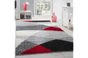 PACO HOME Alfombra Shaggy De Pelo Largo Suave con Diseño Geométrico En Diversos Colores, tamaño:160x220 cm, Color:Rojo