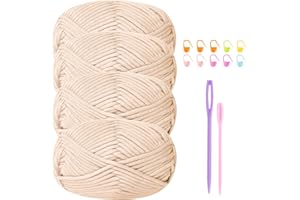 Renyiz Fil Épais pour Crochet et Coton - 4 x 50 g, pour Débutants avec Accessoires - Beige