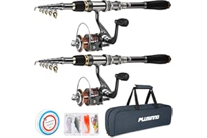 PLUSINNO, Kit Completo de caña de Pescar telescópica de Fibra de Carbono y Carrete, 12 + 1 rodamientos Blindados, Carrete Giratorio BB de Acero Inoxidable, 2 Unidades