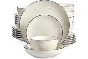 vancasso Bonbon Beige Dinner Set, 24 Pieces Dinner Sets for 6 People, Handpainted Swirls Plates and Bowls Set in Rustic Look, Include Dinner Plates, Dessert Plates, Pasta Bowls and Cereal Bowl