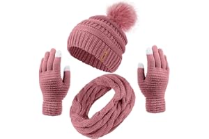 Aneco Warme Winter-Strick-Sets für Damen, Mütze mit Pelzbommel, Loop-Schal, Touchscreen-Handschuhe, Wintergeschenkzubehör