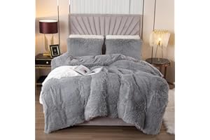 EMME Set di biancheria da letto in peluche, 200 x 200 cm, per letto Shaggy, morbido set copripiumino e 2 federe 80 x 80 cm, grigio chiaro