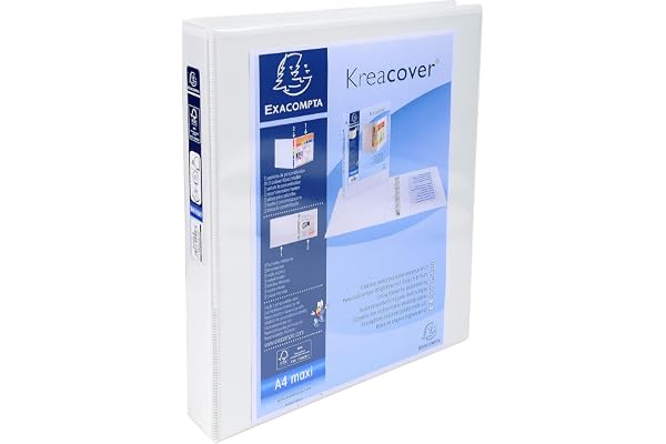 Exacompta - réf. 51946E - 1 Classeur opaque rigide personnalisable 2 poches - 4 anneaux en D de 25 mm - Dos 47 mm - Dimensions extérieures : 32 x 27,7 cm - Format à classer A4 Maxi - Coloris : blanc