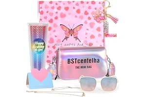 BSTcentelha Geschenke für Mädchen Teenager 9 10 11 12 13 14 15 16Jahre,Regenbogen Glitter Wasserflasche mit Stroh,Buchstaben Schlüsselanhänger,Crossbody Tasche,Personalisiertes Geschenkset für Mädchen