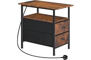 HOOBRO Narrow Bedside Table with Charging Station, with 2 Non-Woven Drawers, Slim Side Table with USB Ports and Power Outlets, Narrow Side Table for Small Spaces, Rustic Brown and Black EBF486KBZ01