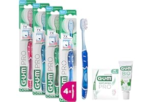 GUM PRO Spazzolino da denti manuale morbido | setole a punta sottile | manico ergonomico antiscivolo | testina compatta | 4 x 1 pezzo (con 1 campione omaggio)