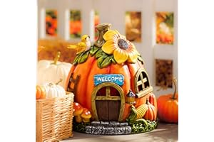 TERESA'S COLLECTIONS Jesienna dekoracja zewnętrzna, dekoracja ogrodowa do użytku na zewnątrz, odporna na warunki atmosferyczne domek z dyni z lampą solarną, jesienna dekoracja z żywicy syntetycznej