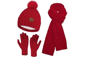 Bequemer Laden Womens Winter Hat Long Scarf Touch Screen Gloves Set Warm Beanie Hats Neck Warmer Knit Caps with Pom Fleece Lined Gifts for Women