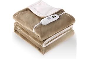 CURECURE Manta con calefacción eléctrica con 4 Niveles de Calor y 6 Horas de Apagado automático, 130 x 180 cm, Franela Suave para Mantener el Cuerpo Caliente, Lavable a máquina (Caqui Claro)