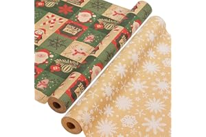 AhfuLife 2 Rouleau Kraft Papier Cadeau de Noël, 43cm×15m Recyclable Papier d'Emballage pour Enfant Emballage des Cadeaux de Noël (A: Flocon de Neige)