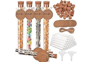 Faburo 40 Stück Reagenzgläser Kunststoff Transparent Reagenzgläser Reagenzglas(150x16mm)20ml mit Korken, 40 Stück Kraftpapieranhänger, 10m Hanfseil, 2 Stück Trichter
