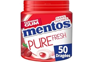 MENTOS - Chewing-Gum Mentos Pure Fresh Fraise - Chewing-Gum Sans Sucres - Parfum Fraise Ultra Gourmand - Dure Longtemps - 1 Boîte de 50 Dragées