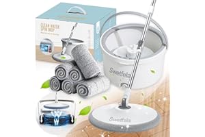 Swetfela 3 en 1 Balai Serpillère, avec Seau de 2,5L, Serpillere S'Étend Jusqu'à 130CM, avec 6 Chiffons Rechange, Seau Essoreur Rotative 360, Serpillière Seau Essoreur Nettoie de Nombreux Types de Sol