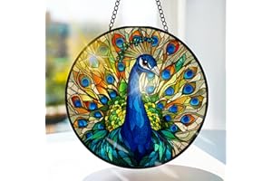 Bimkole Peacock Stained Glass Suncatcher Window Hanging - Animal Indoor Window or Doorway Decoration - Handmade Sun Catcher Decor for Garden Home Christmas & Birthday Gifts 7.87x7.87 inch