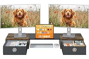 OYRREU Supporto Monitor Scrivania, Supporto 2 Monitor Rialzo Monitor da Scrivania, Supporto per Monitor con Cassetto, Supporto Schermo PC Laptop Computer Monitor Stand Accessori Scrivania (Legno Rustico)