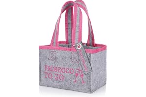 FunX Flaskväska Prosecco to go – filtväska för 6 flaskor – grå med bäröglor och tryck – mångsidig – 19 x 12 x 14 cm, Grå