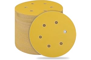 STEBRUAM 50pcs 150mm sanding discs,Sanding Discs Pads for Random Orbital Sander pads and All Oscillating Tools,Yellow sanding discs Hook and Loop 220 Grit 6 Hole 6 Inch Round