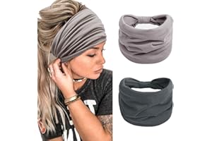 TERSE Haarband Damen Extra Breit Stirnband Boho Haarbänder Yoga Knot Stirnbänder Sport Elastische Haarschmuck （Dunkelgrau + Hellgrau）