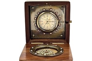 Antique Vibes Vintage Style Bond Street London Wooden Box Clock with Compass, Desk Table Clocks for Home Decor, Office Shelf Decorative Colletible Gifts for Special Ocassion