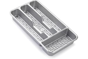 PLASTIFIC Large CUTLERY TRAY Utensils Spoon Fork Holder Flatware Organiser for Kitchen Organiser Strong Plastic Drawer Sliding Tidy (33 x 17.5 x 4.3 slim, Silver)