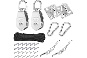 Belle Vous M20 Stainless Steel Crane Pulley Block - Lifting Crane Swivel Hook Single Hanging Wire Towing Wheel with Nylon Line Rope, Carabiner Clip & Eye Pad Plate - 150kg/330lbs Loading Capacity